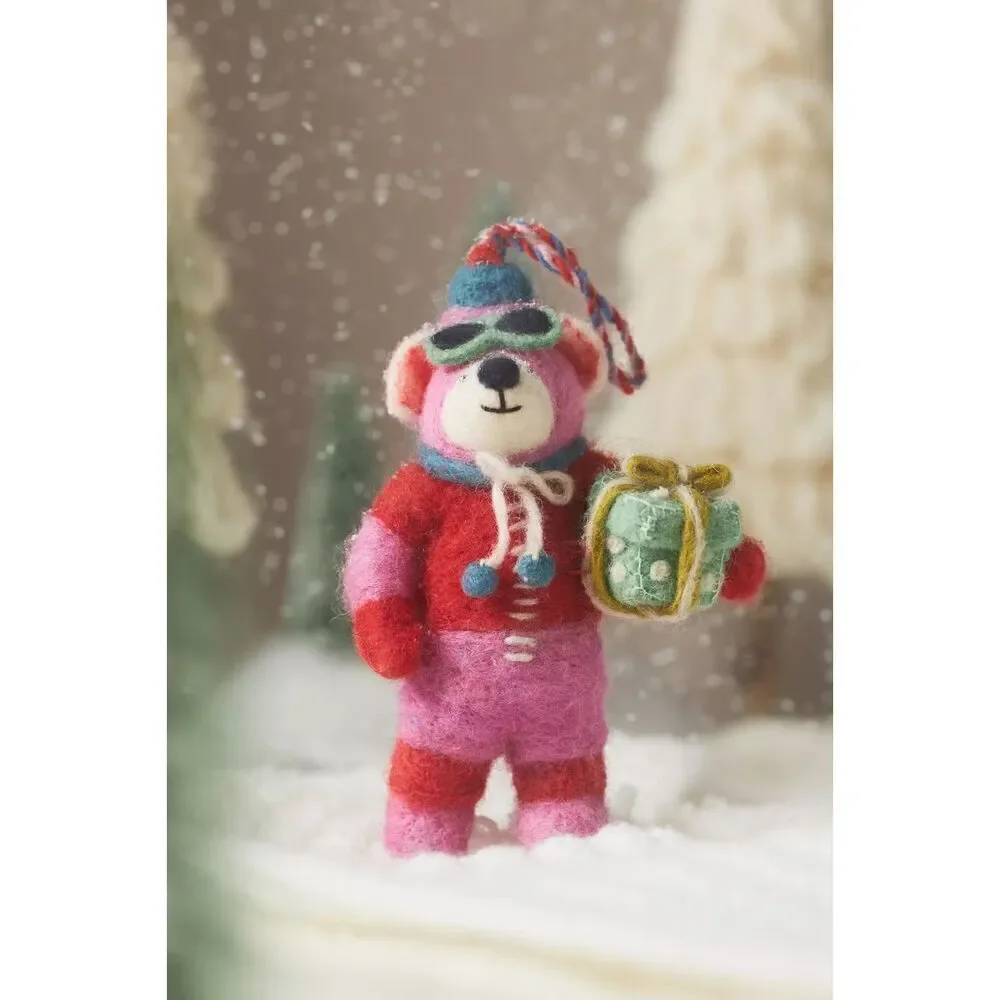 Anthropologie Handmade Felt Bear Ornament Gift Pink NEW